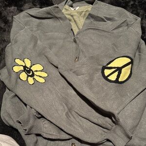 Green ascot and hart with Yellow Peace and Flower Patches cardigan